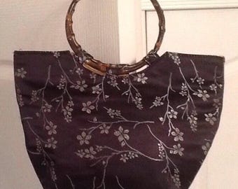 Vintage 1970s Floral Oriental Satin Purse • Silver Design • Tote Bag • Bamboo Handles • Mid Century