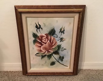 Vintage Rose Oil Painting <> Delicate Deep Pink/Cream Rose <> Artist Chris <> Framed <> 1987 <> EXCELLENT CONDITION