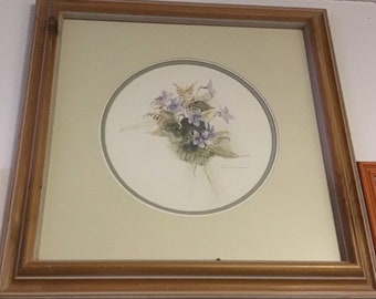 Vintage LARGE Floral Watercolor Print <>24"X24"<> Artist Rosalind Oesterle <> Purple Flowers <> 1970 <> Mid Century <> EXCELLENT CONDITION