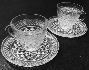 Vintage 2 Depression Glass Wexford Tea Cups <> 2 Cups and 2 Saucers <> 4 Pc. Set <> 1960s <> Mid Century Modern <> EXCELLENT CONDITION
