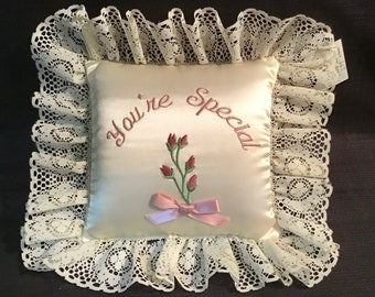 Vintage Ring Bearer Pillow <> Hand Made <> Embroided Wording “You’re Special”<> White Satin <> 1960s <> EXCELLENT CONDITION