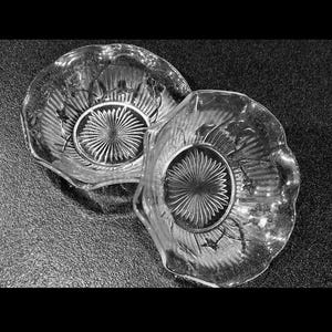 Antique 1920s TWO Iris & Herringbone Bowls  • Depression Glass • 5” Ruffled • FREE Creamer • Dinnerware