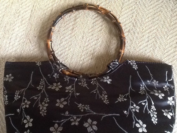 Vintage Oriental Purse Handbag <> Black Satin Sil… - image 3