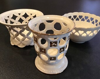 Vintage THREE Lenox Candleholders <> 5 1/2” Diameter <> Ceramic with 22 Kt. Gold Trim <> Wedding Decor <> 1970's <> EXCELLENT CONDITION