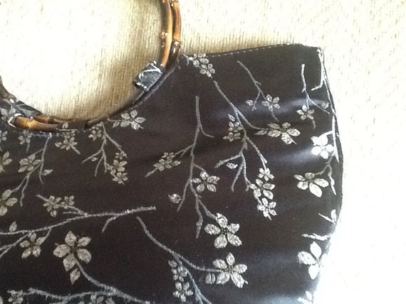 Vintage Oriental Purse Handbag <> Black Satin Sil… - image 2