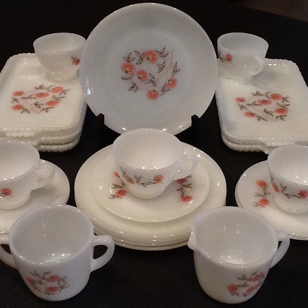 Vintage 27Pc Fire King Fleurette Dish Set <> Anchor Hocking <> Pinkish Red Flowers <> Snowy White Milk Glass <> 1950's <> MINT CONDITION