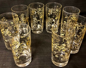 Vintage 1950s Water Glasses • EIGHT Hazel Atlas Tumblers • Yellow & Black • Home Decor • MCM Glassware