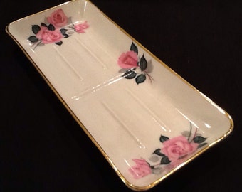 Vintage 1960s German Porcelain China Candy Plate • Hand Painted Pink Roses Dish • Mid Century