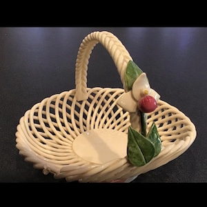 Vintage 1970s “Belleek Style” Ceramic Basket • Open Weave • Hand Painted • Hand Woven in Spain
