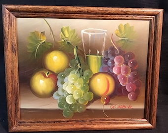 Vintage Still Life Oil Painting <> Fruit/Wine Glass <> Oil On Canvas <> 8"x 10"<> 1970s <> Mid Century Modern <> EXCELLENT CONDITION