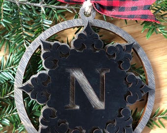 Initial N Snowflake Monogram Multi-Layer Wooden Ornament or Car Charm