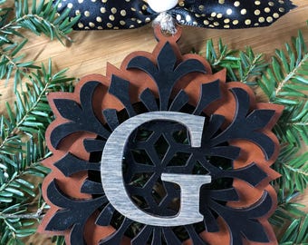 Initial G Snowflake Monogram Multi-Layer Wooden Ornament or Car Charm