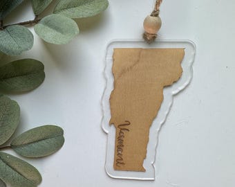 Vermont State Ornament, Hanging Car Charm, Acrylic and Wood Veneer