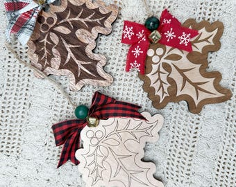 Laser Cut One-Layer Holly Ornament – Christmas Decoration or Holiday Car Charm