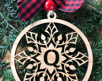 Initial Q Snowflake Monogram Wooden Ornament or Car Charm