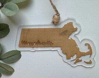 Commonwealth of Massachusetts State Ornament, Hanging Car Charm, Acrylic and Wood Veneer
