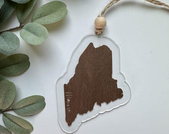 Maine Pine Tree State Ornament, Hanging Car Charm, Acrylic and Wood Veneer