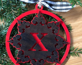 Initial X Snowflake Monogram Multi-Layer Wooden Ornament or Car Charm