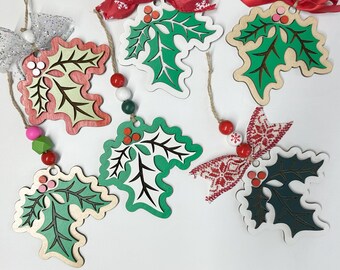 Laser Cut Multi-Layer Painted Holly Ornament – Christmas Decoration or Holiday Car Charm