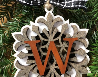 Initial F Snowflake Monogram Multi-Layer Wooden Ornament or Car Charm