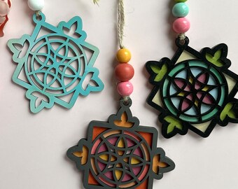 Laser Cut Two-Layer Stained Glass Ornament – Christmas Decoration or Holiday Car Charm