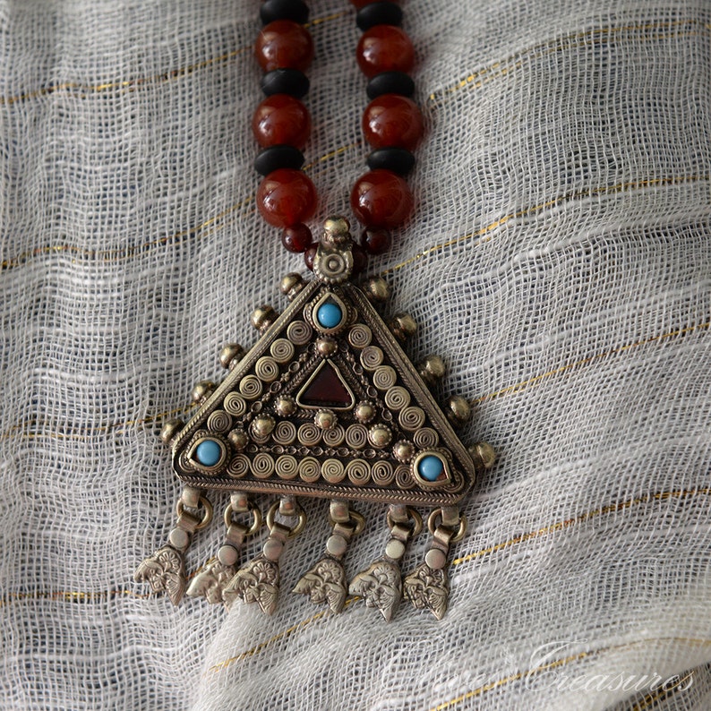 Vintage Turquoise/Carnelian Pendant Triangle Tuareg Necklace image 2