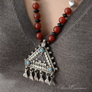 Vintage Turquoise/Carnelian Pendant Triangle Tuareg Necklace image 1