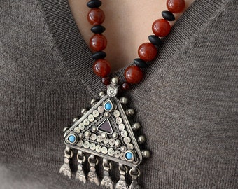 Vintage Turquoise/Carnelian Pendant Triangle Tuareg Necklace