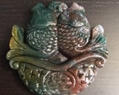 Carved Agate Pendant Altar Totem of Two Koi Carp in Basket