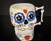 Three-Dimensional Ceramic Sugar Skull Day of the Dead Mug in Fiesta Colors
