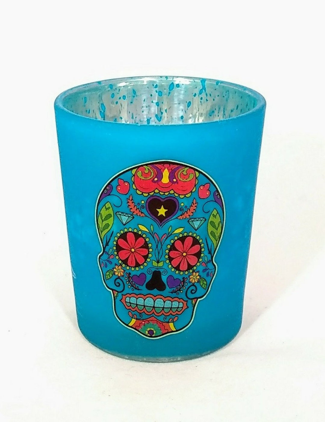 Blue Mercury Glass Candle Holder With Day of the Dead Dia De Etsy
