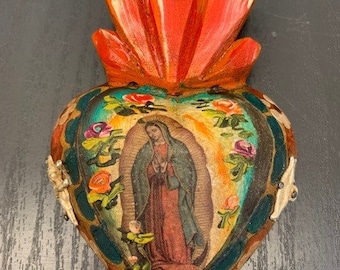 Carved Wooden Heart with Our Lady of Guadalupe Art, Paint and Milagro Embellishment