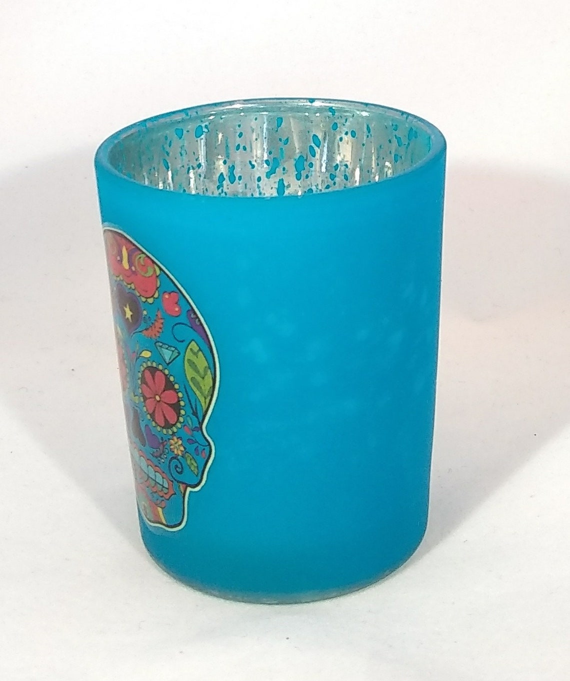 Blue Mercury Glass Candle Holder With Day of the Dead Dia De Etsy
