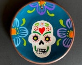 Hand-Painted Plate-Style Ceramic Ornament with Dia de los Muertos Sugar Skull Design Teal