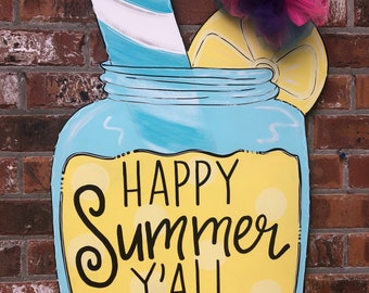 Lemonade door hanger-mason jar-pink-yellow- wood cut out
