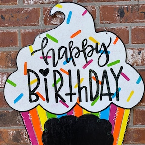 Happy birthday, cupcake door hanger, chalkboard, wooden cut out, hand painted