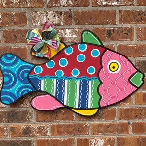 Fish door hanger, summer door hanger, hand painted wooden door hanger