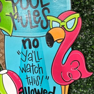 Pool Door Hanger, Flamingo, Pool Rules, Summertime, Hand Painted Wooden ...