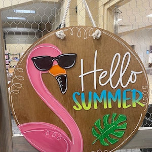 Flamingo 3-D door hanger, summer door hanger, hand painted wooden door hanger