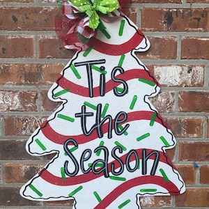 Christmas tree cake door hanger, little Deb, wood cut out, hand painted