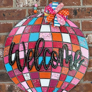 Welcome mirrorball, disco ball, wood cut out, doorhanger, handpainted, Era