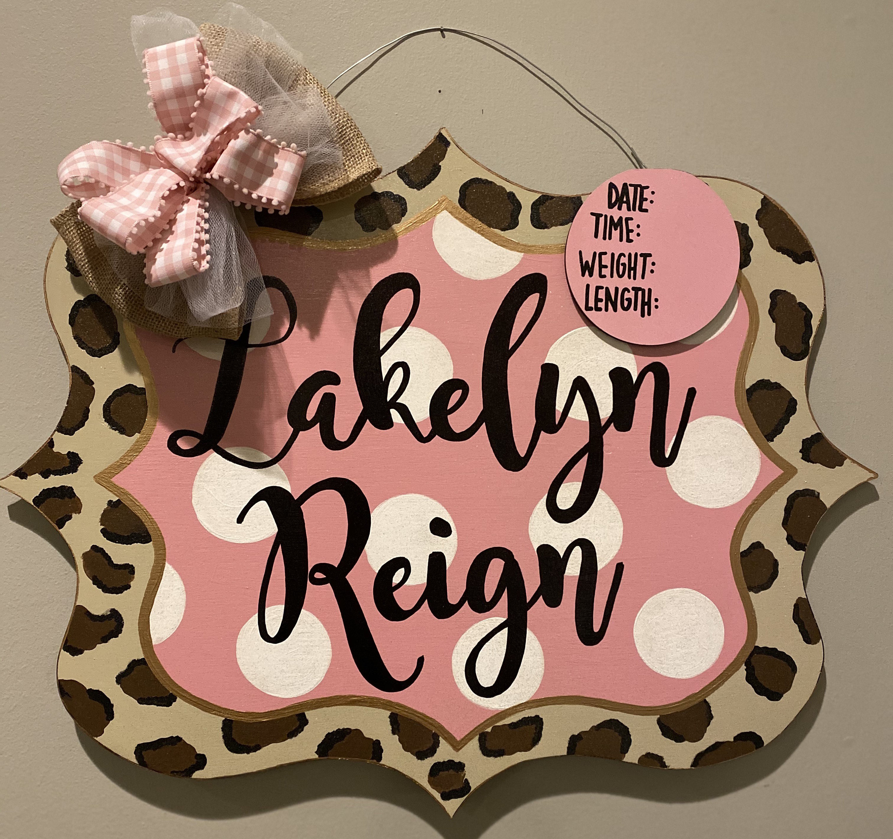 Pink and leopardbaby girlbirth announcementdoor hangerwood Etsy