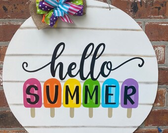 Hello summer popsicle door hanger, hand painted, wood cut out, summer decor