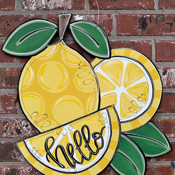 Lemon door hanger, welcome sign, summer door hanger , hand painted, wood cut out,