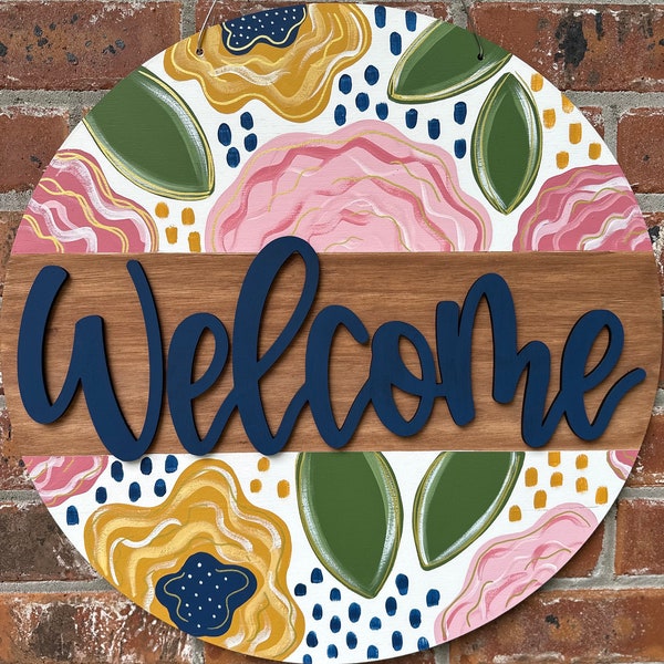Floral welcome sign, 3D lettering, wood cut out, hand painted, everyday door hanger