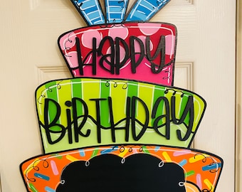 Birthday cake door hanger, chalkboard, reusable birthday sign, wood cut out