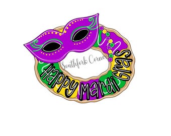 May include: A purple, green, and yellow donut-shaped wreath with the text "Happy Mardi Gras" and a purple mask with gold accents.