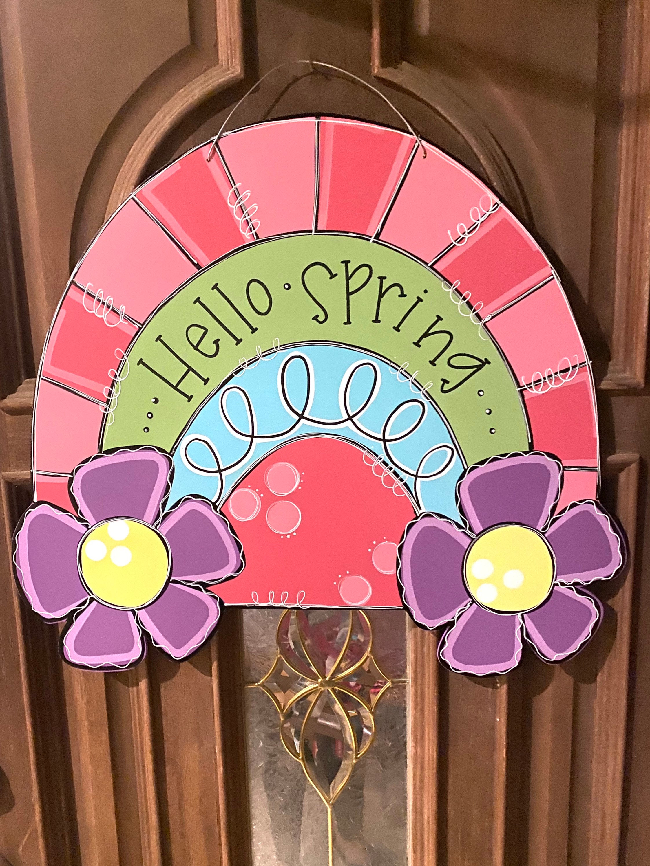 Hello Spring Block Decor Hello Spring Door Hanger, Rainbow Decor, Flower Decor, Spring Decor ...