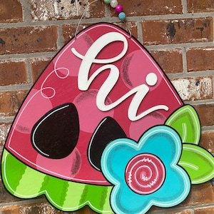 Watermelon and flower door hanger, summer decor, wood cut out, hand painted, Summer sign, welcome decor