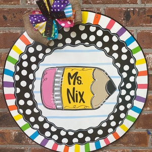 Teacher door hanger, school sign, teacher decor, polka dot, wood cut out, hand painted